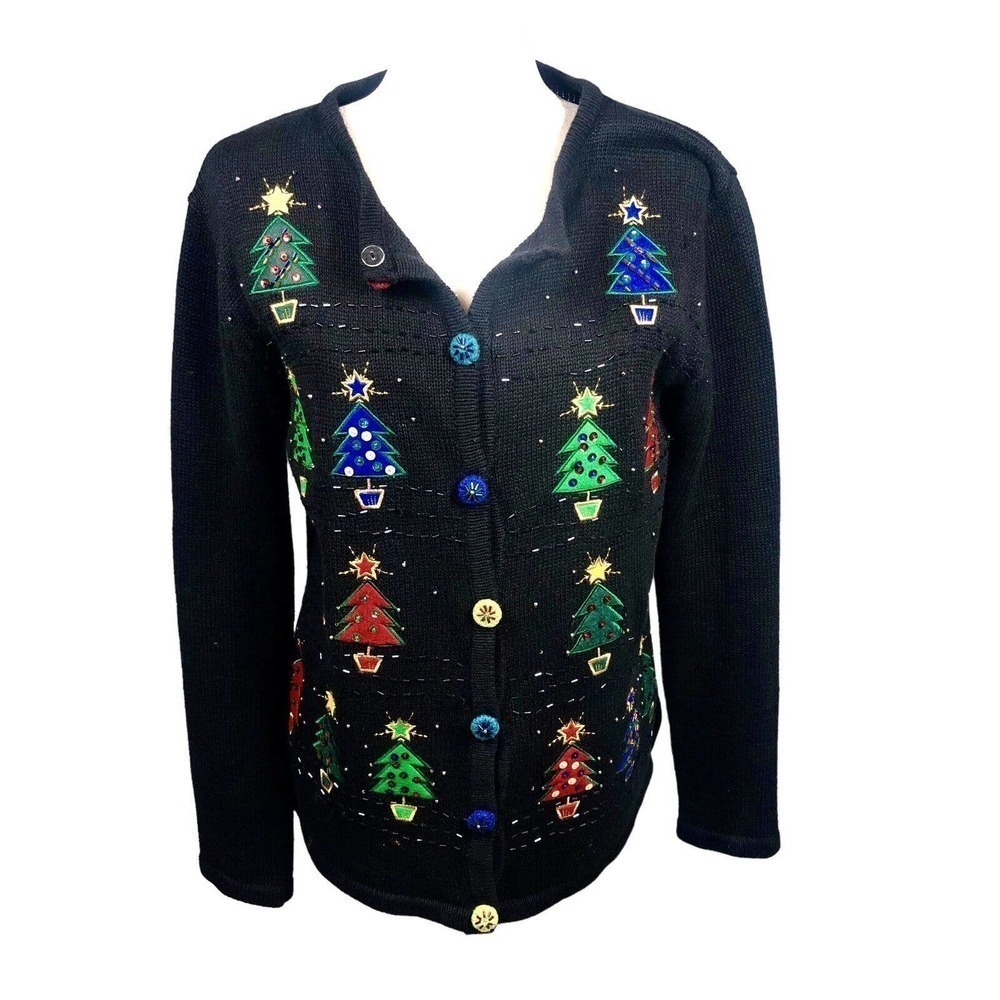 Basic‎ Editions Holiday Sweater Womens S Black Cardigan Ugly Party Novelty
